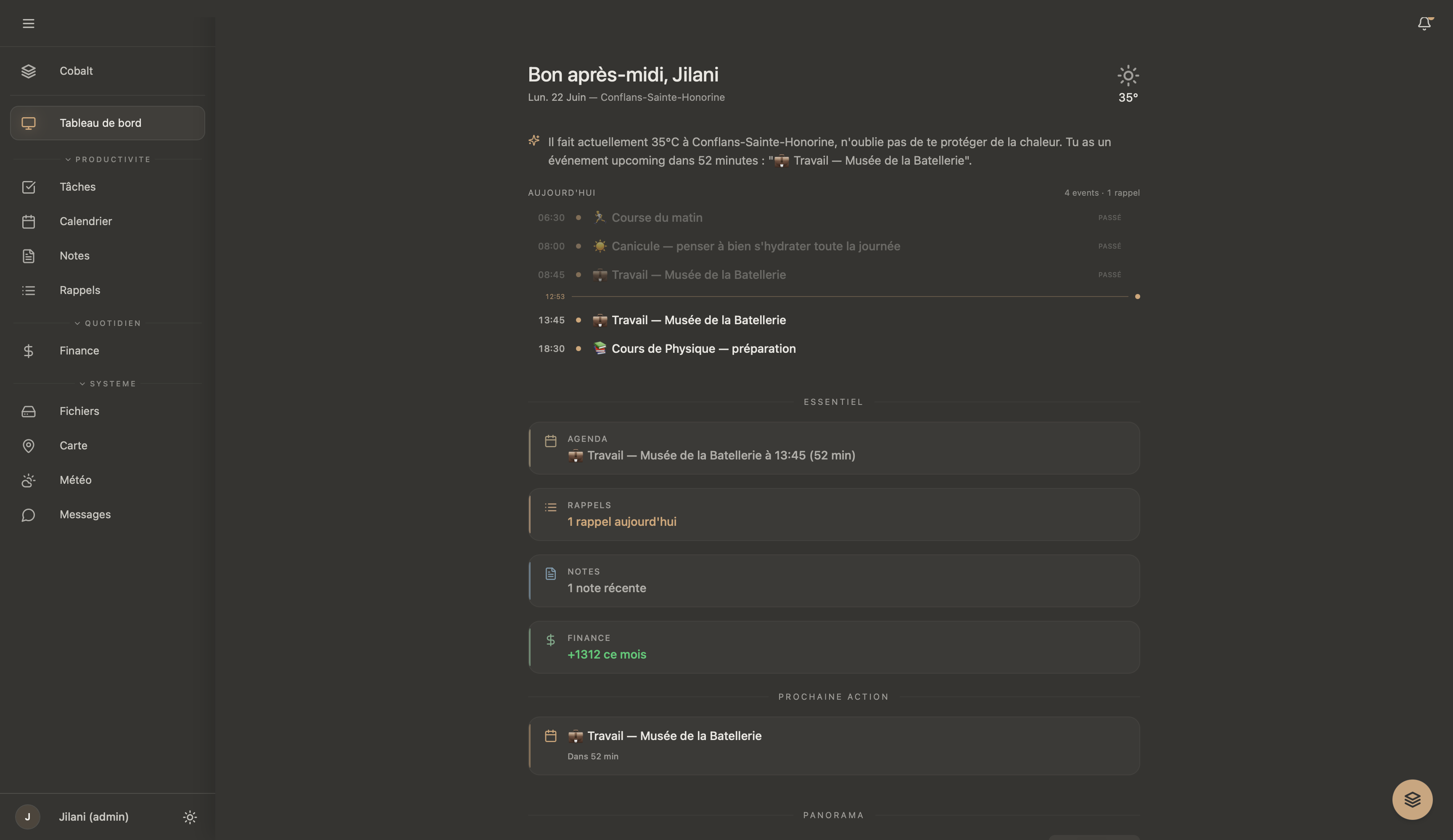 Tableau de bord adaptatif de Central